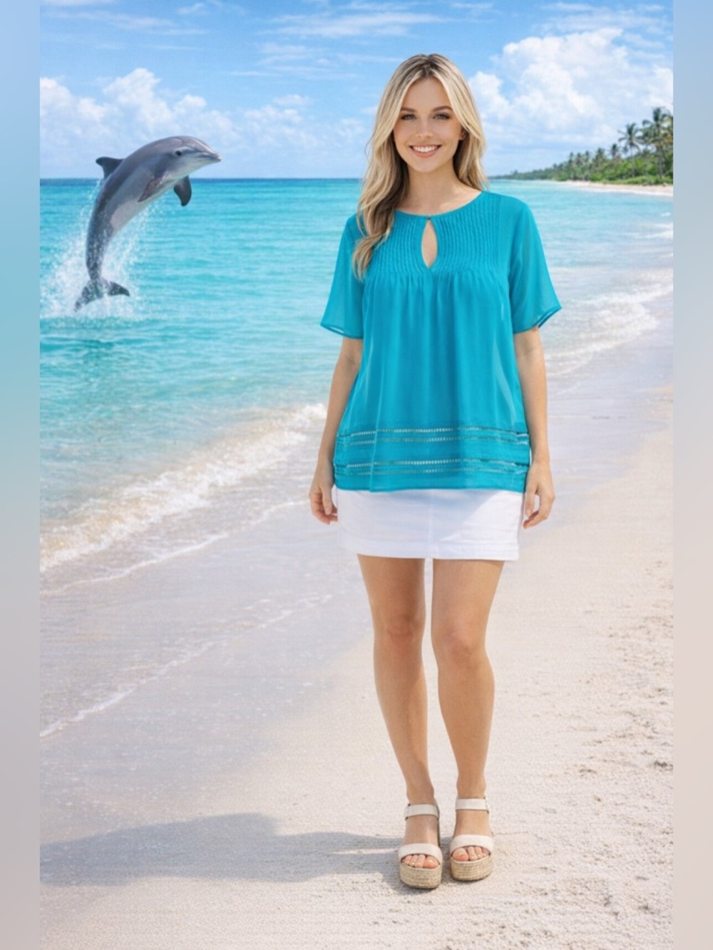 Michael Kors Tile Blue Sheer Pleated Blouse w/Lace Panels at Bottom  M  NWT $99